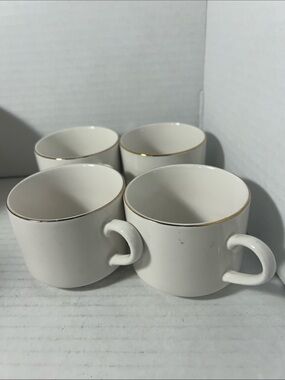 Classic White Ceramic Mugs with Gold Trim - Set of 4